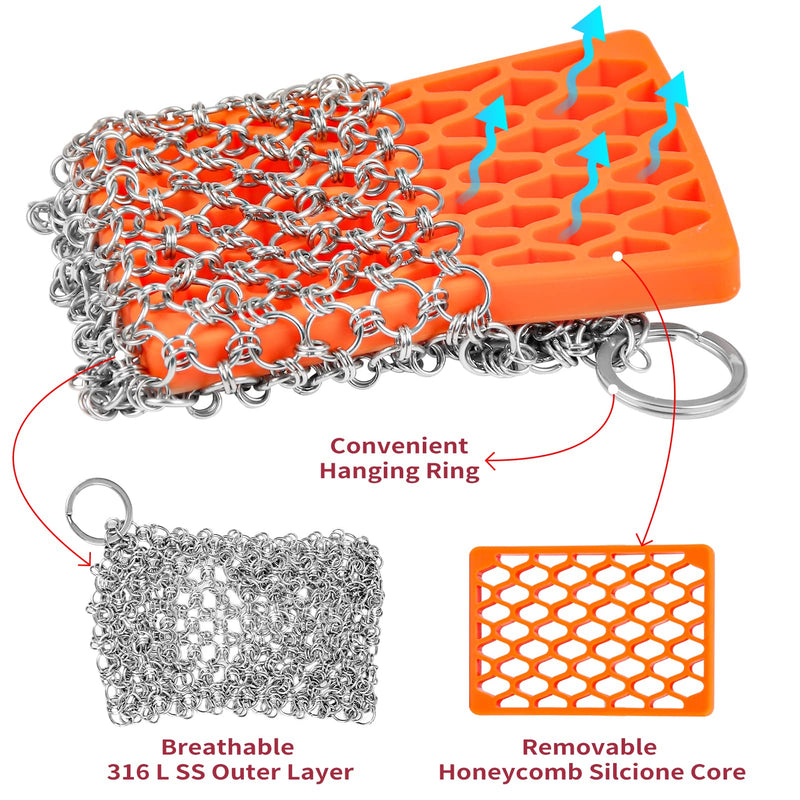 [Australia] - [Dual-use] Cast Iron Scrubber Cleaner-Stainless Steel Chain Mail | Silicone Support Chainmail Scrubber-Detachable Cast Iron Pan Pot Skillet Griddle Cleaning Kit-Scrubbing Pad to Clean Dutch Oven, Wok 316L Chain Mail Wrap+ Orange Silione pad 