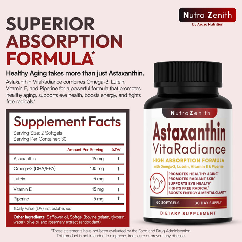 Astaxanthin Supplement with Omega-3, Vitamin E & Lutein – 60 Capsules for Super Antioxidant Support, Energy Boost, Mental Clarity & Eye/Skin Care – Triple-Action Formula (Powerful Antioxidant Complex)