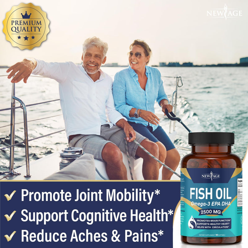 NEW AGE Omega 3 Fish Oil 2500mg Supplement Immune & Helath Support – Promotes Joint, Eye & Skin Health - Non GMO - EPA, DHA Fatty Acids Gluten Free (180 Softgels (Pack of 2)) 180 Softgels (Pack of 2)