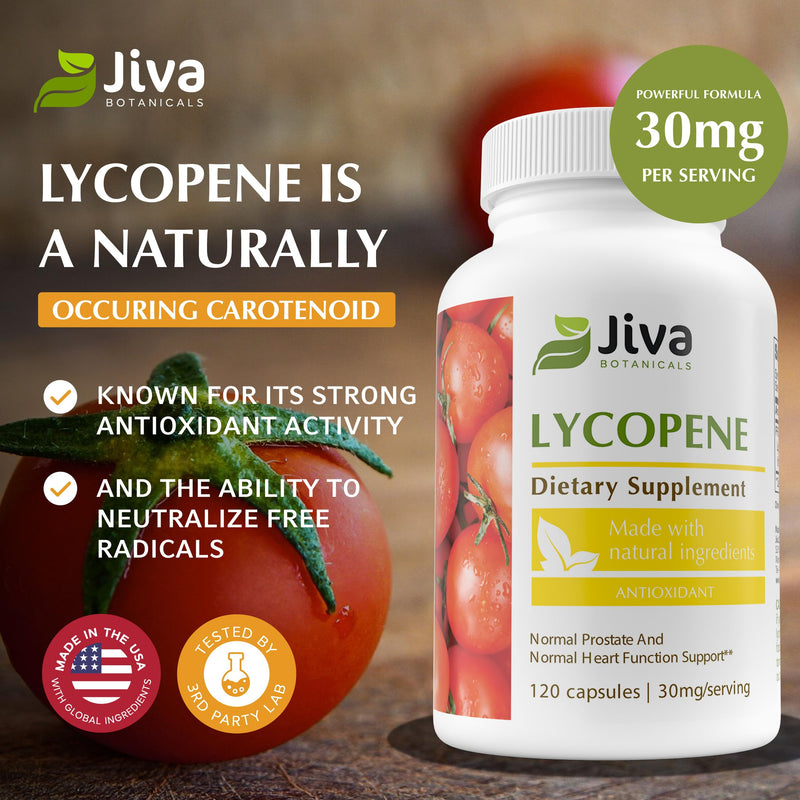 [Australia] - Jiva Botanicals Lycopene Supplement 30mg - Antioxidant Support for Normal Prostate and Heart Health Support - Lycopene from Tomato Extract - Made in The USA - Non GMO, Vegan - 120 Capsules 1 Count (Pack of 120) 