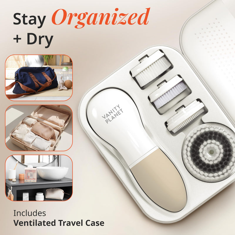 [Australia] - Raedia Handheld Facial Cleansing Brush with 4 Interchangeable Brush Heads by Vanity Planet - Lightweight Daily Cleansing Brush for Glowing Skin - Water Resistant Face Exfoliator - Warm Grey Warm Gray 4 Piece Set 