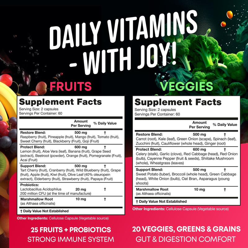 [Australia] - Fruits and Veggies Supplement - High Fiber Supplement for Immunity, Gut & Energy - Super Reds & Super Greens Supplements with Marshmallow Root - 240 Reds and Super Greens Powder Superfood Capsules 120 Count (Pack of 2) 
