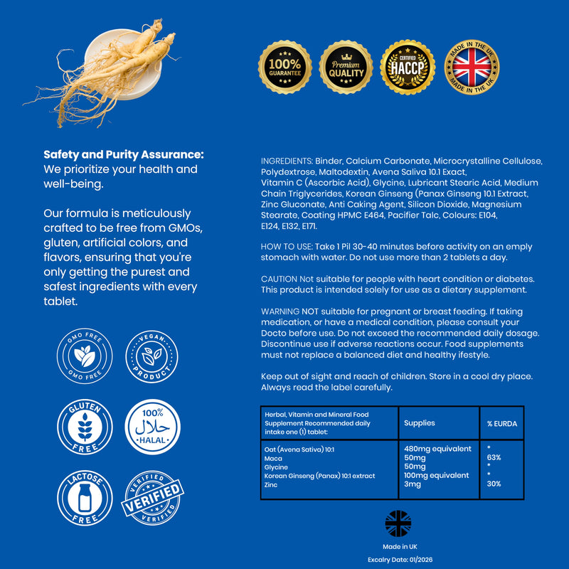 ALPHA BLUE Ginseng and Maca Tablets 100 mg - 30 Count - Herbal Food Supplement - Made in UK