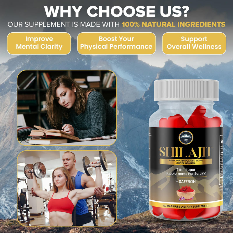 Ultimate Vitality Supplement Shilajit Capsules - Ashwagandha, Musli Safed, Gokhru, Saffron & More - Energy Stamina Stress Relief - 100% Natural Ayurvedic Formula - 60 Capsules