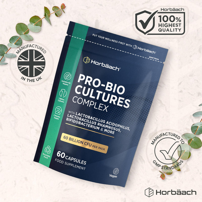 Pro-Bio Cultures Complex 60 Billion CFU Per Pack | Advanced Multi-Strain Pro-Bio with Lactobacillus Acidophilus, Bifidobacterium | 60 Vegan Capsules | Supplement for Men & Women | by Horbaach
