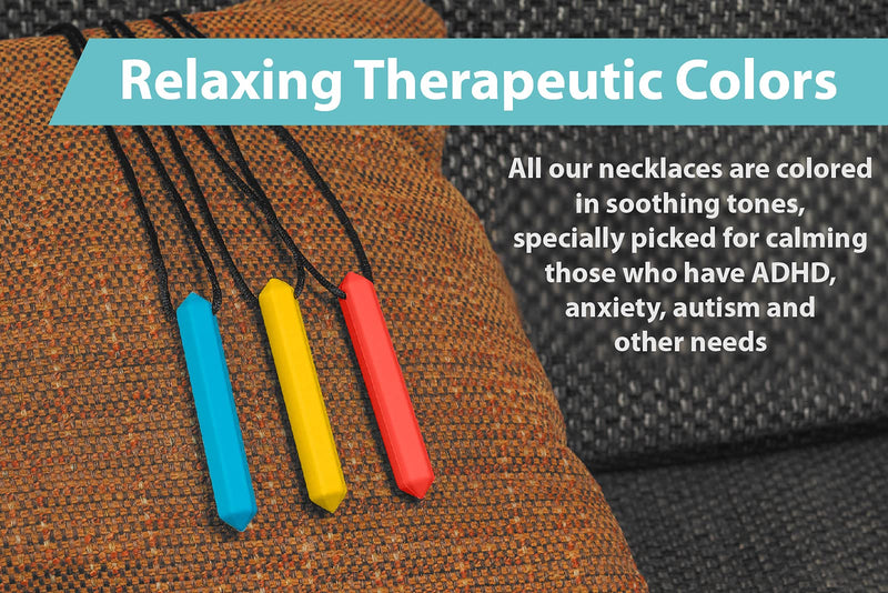 [Australia] - Tilcare Chew Chew Pencil Sensory Necklace 3 Set - Best for Kids or Adults That Like Biting or Have Autism – Perfectly Textured Silicone Chewy Toys - Chewing Pendant for Boys & Girls - Chew Necklaces light blue/red/yellow 