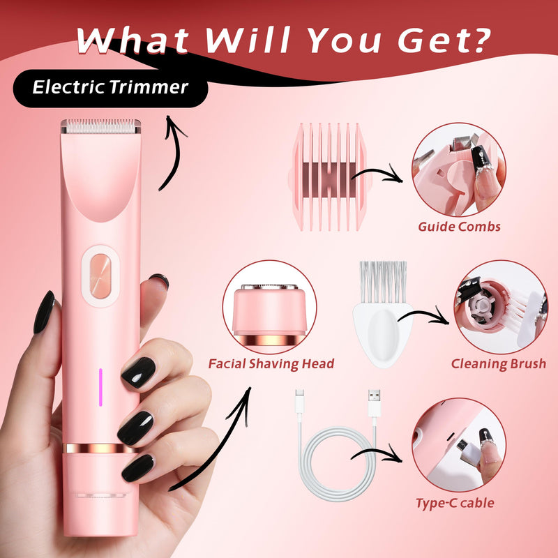 2-in-1 Women’s Electric Razor & Bikini Trimmer - Painless Pubic Hair Shaver, IPX7 Waterproof Wet/Dry Use for Bikini Area, Legs, Face, Underarms (Pink) Pink