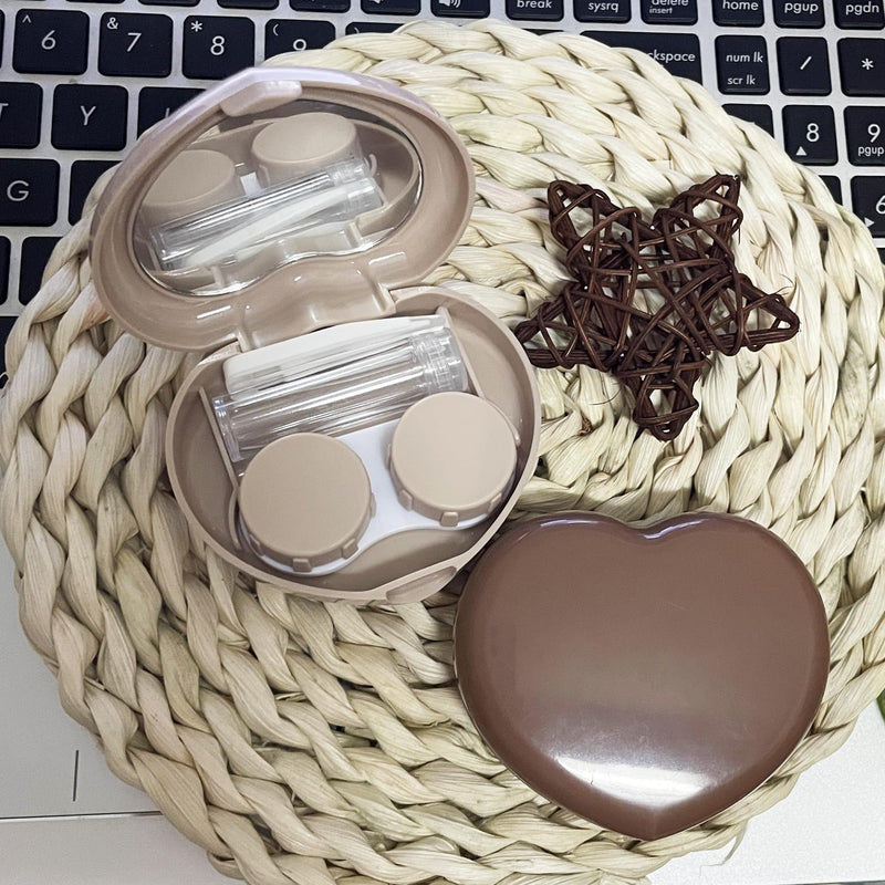 [Australia] - 2 Pack Heart Cute Contact Lens Case, Travel Contact Lens Box with Mirror Tweezers Remover Tool Solution Bottle for Outdoor Office Daily Use Beige, Light brown 
