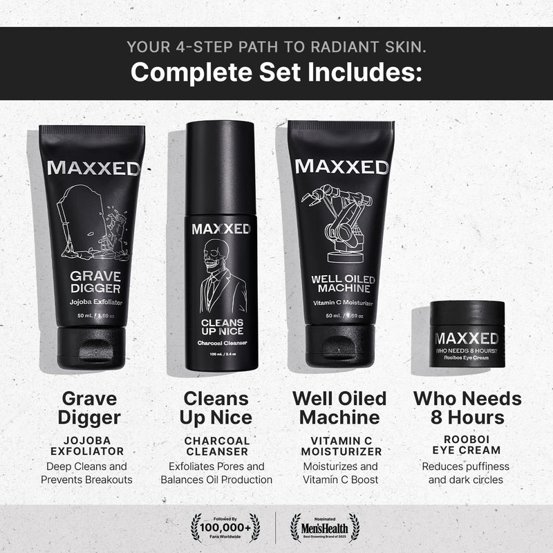 MAXXED Men's Skincare Set - Travel Skincare Set with Under Eye Cream, Charcoal Face Wash, Jojoba Face Scrub and Vitamin C Moisturizer - 4 in 1 Men's Skin Care Kit for Hydration and Pore Cleansing
