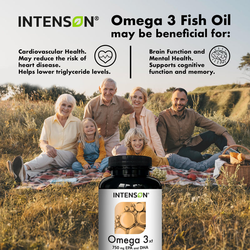 Intenson Omega 3 XT - 1000mg with 750mg of EPA & DHA per Capsule – 120 Softgels of High Strength Omega 3 Fish Oil – 4 Months Supply