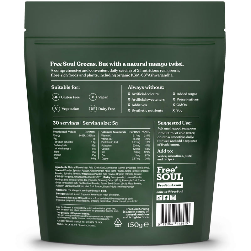 Free Soul Greens | 21 Advanced Greens, Superfoods, and Adaptogens Including KSM-66 Ashwagandha, Vegan & Gluten-Free, Advanced Natural Formula | UK Made | 30 Servings | Mango Flavour