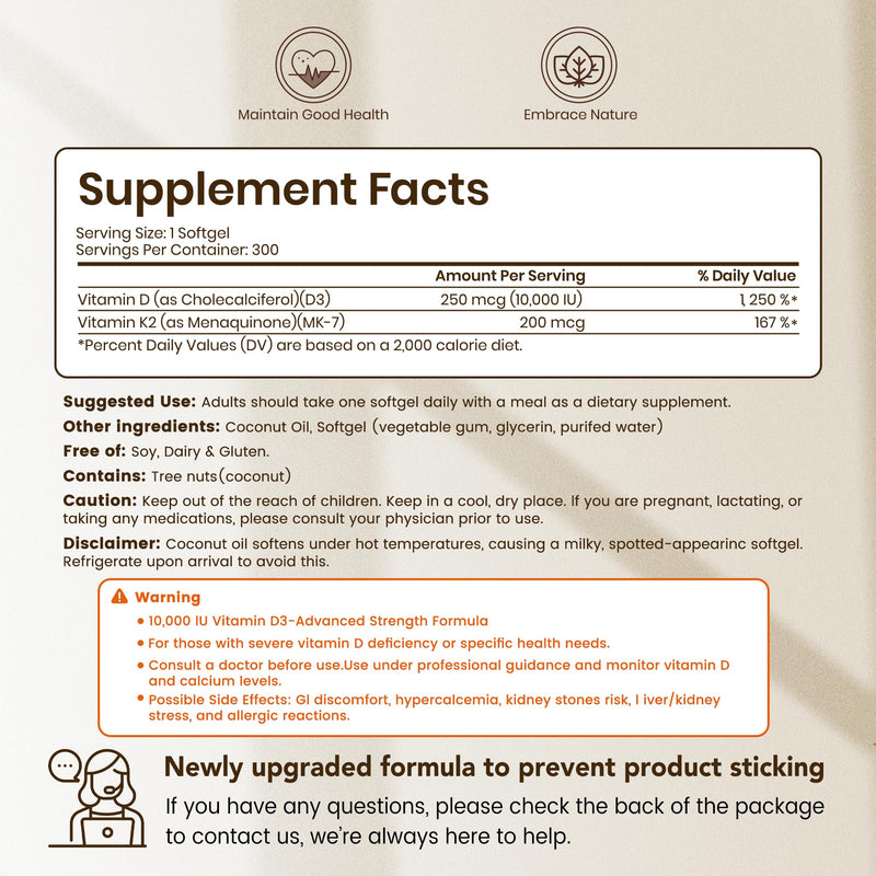 [Australia] - VEV Corefeel Vitamin D3 K2 10,000 IU, 200 mcg MK-7, 300 Coconut Oil Softgels, 2 in 1 Vitamins Supplement D & K (Include MK7), Easy to Swallow, Supports Calcium Absorption, Bone Health Unflavored 10000 IU Softgels 300 Count (Pack of 1) 