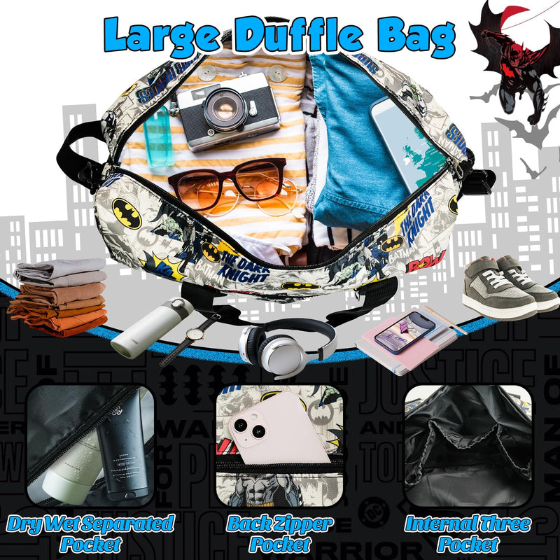 Batman Duffle Bag, Classic Comic Superhero Travel Bag Gifts for Boys Men | Large Capacity ,Lightweight,Waterproof ,with Shoe Compartment and Wet/Dry Pocket BatM