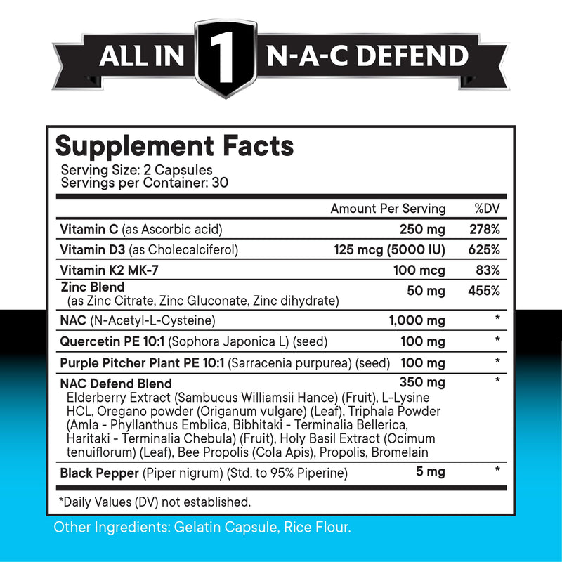 [Australia] - NEW AGE NAC Supplement N-Acetyl Cysteine- with Vitamin D3, K2, Zinc, Quercetin, Triphala, Sarracenia Purpurea, Elderberry, Holy Basil, Bee Propolis, Bromelain, L-Lysine - 120 Count 60 Count (Pack of 2) 