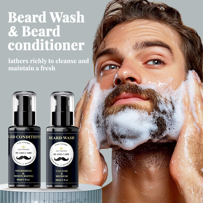 [Australia] - NOVTWENTY Beard Growth Set - 7-piece beard care set for men, including beard wash, beard oil and beard growth oil, beard conditioner, beard balm, beard comb, gift box set for boyfriend, husband, father 
