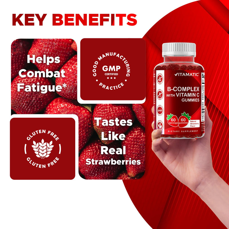 Vitamatic Vitamin B Complex Gummies with Vitamin C & Inositol - Natural Strawberry Flavor - 60 Gummies