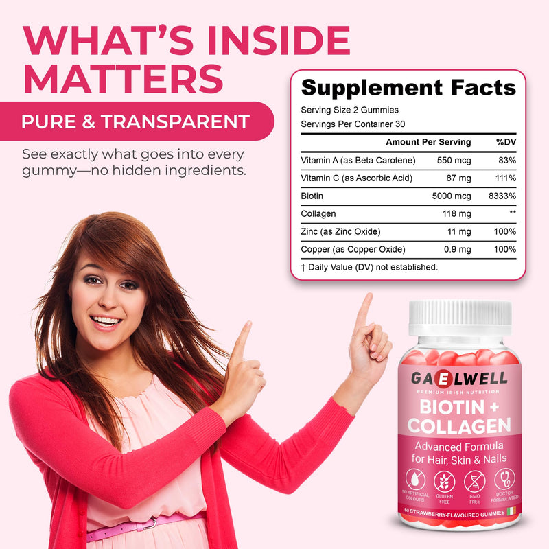 Biotin + Collagen Gummies - High Strength 5000mcg Biotin, Marine Collagen, Vitamin C, Zinc - Hair Growth, Skin & Nail Support - Gluten-Free, Vegan-Friendly, Non-GMO, 60 Strawberry Gummies Gaelwell®