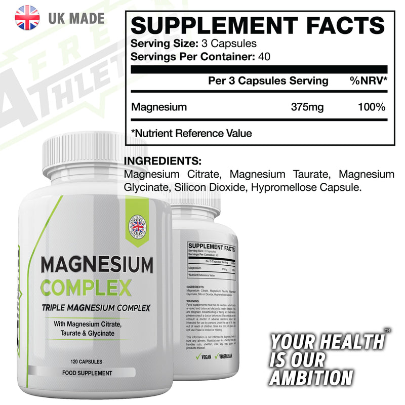 Freak Athletics Triple Magnesium Complex - Magnesium Supplements with Magnesium Citrate, Glycinate & Taurate - 120 Capsules - UK Made