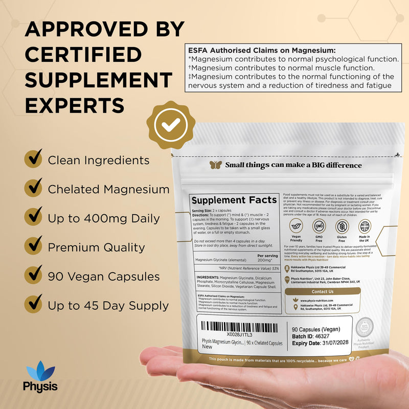 Physis Magnesium Glycinate 400mg | High Strength Elemental for Sleep, Mind & Muscle | Vegan Chelated Magnesium Bisglycinate | Bioavailable | Non-Laxative Natural Mineral | 90 x Magnesium Capsules 90 count (Pack of 1)