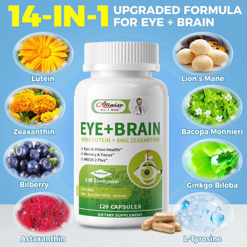 Eye Brain Supplement for Memory and Focus 14 in 1 Eye Vitamins 120 Capsules | Dry Eye Relief, 40mg Lutein, Zeaxanthin, Bilberry, Ginkgo Biloba, Bacopa Monnieri, Lion's Mane, Eye Care for Adults & Seniors 120 Count (Pack of 1)