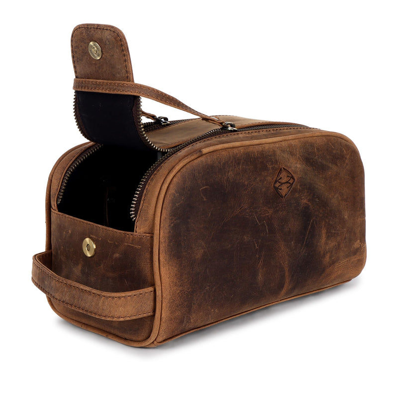 TRISKY Men's Leather Travel Toiletry Bag- Leather Dop Kit For Men & Women With Water Resistant Lining, King-size Handcrafted Bathroom Bag For Men- Tan Brown