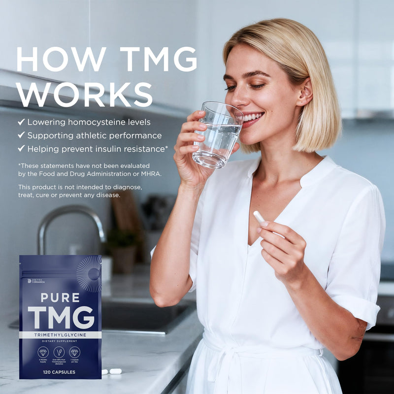 Detox Organica TMG Supplement 750 mg - 120 Capsules - 99% Pure Trimethylglycine (Betaine) - Supports DNA Methylation, Liver & Heart Health - Food Supplement - Vegan, Non-GMO