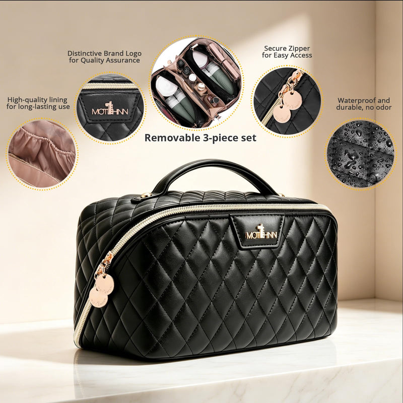 Travel Makeup Bags Cosmetic Organizer: 3Pcs Set Puffy Make up Bag for Women | Black Premium Quilted ELEGANCE Design | Large Capacity Leather Toiletry Bags | Wide Open Compact Case for Travel Essentials 01 Black