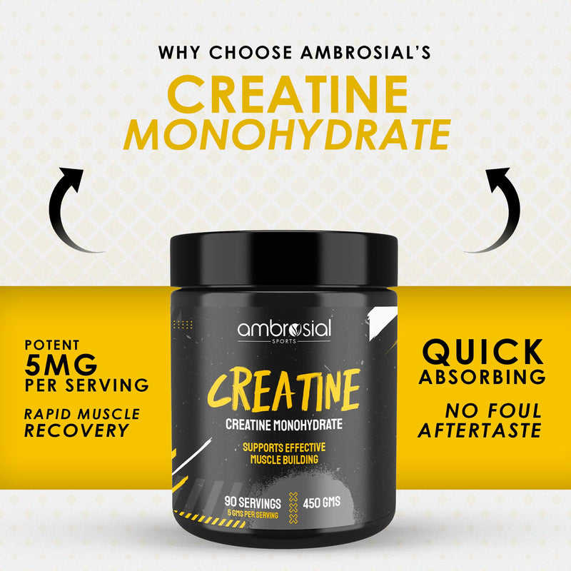 Ambrosial Creatine Monohydrate Powder 5000 mg per Serving x 90 Servings, 450 g - Unflavoured, Vegan Creatine Supplement for Men & Women, GMP-Certified, Non-GMO & Gluten Free