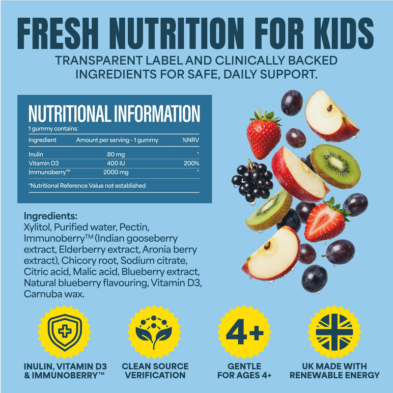 Kids Prebiotic Gummies – 1-a-Day, Sugar-Free – Gut Health & Immune Support with Inulin, Vitamin D3 & Immunoberry™ – Vegan, Allergen-Free – Blueberry Flavour – 30-Day Supply, Ages 4-13