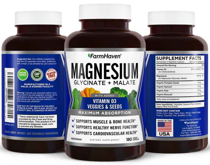 FarmHaven Magnesium Complex, Glycinate/Malate & Vitamin D3, 180 Capsules | Bone Health Support, Muscle & Nerve Function, Chelated Magnesium Complex with Vitamin D3, Vegetarian, 90 Day Supply 180 Count (Pack of 1)