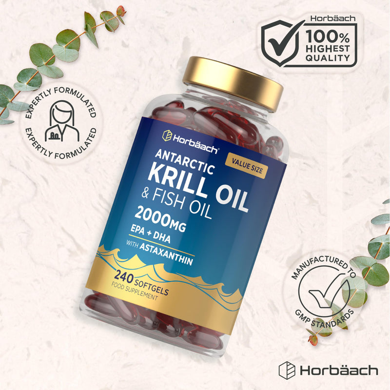 Antarctic Krill Oil 2000mg | 240 Softgels (4 Month Supply) | with Omega 3 Fish Oil (EPA & DHA), Astaxanthin, and Phospholipids | High Strength Complex | By Horbaach