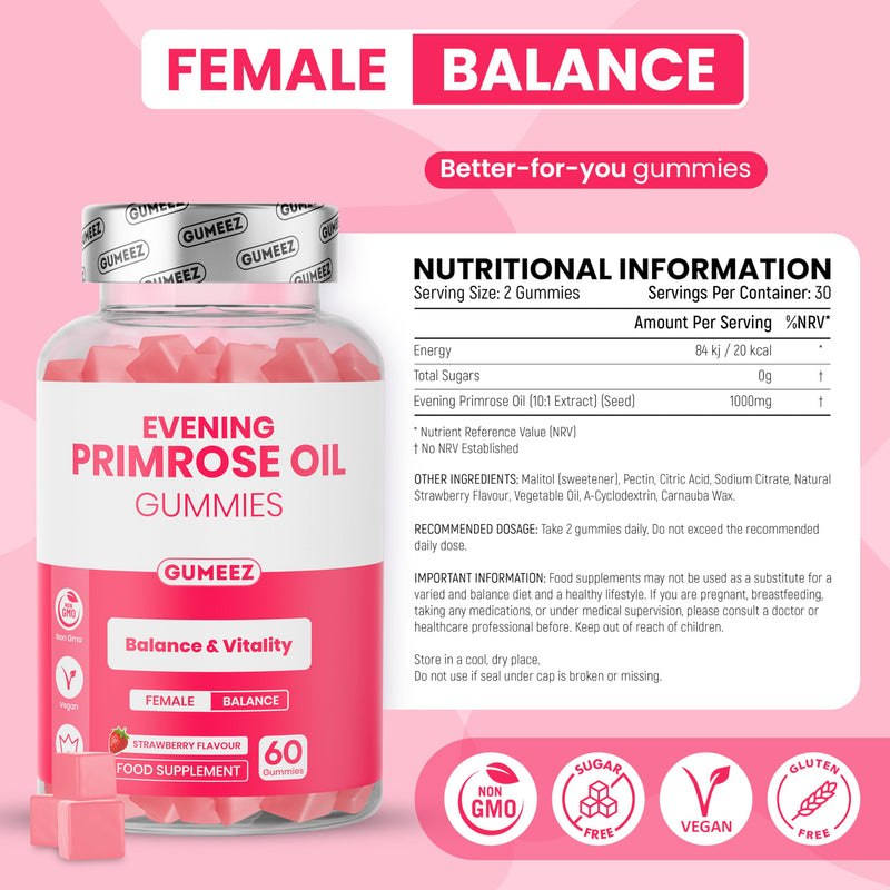 Evening Primrose Oil Gummies 1000mg – High Strength Supplement for Hormonal Balance, PMS & Menopause Support - Rich in Omega 6 Fatty Acids for Hair, Skin & Nails - Strawberry Flavour - 30 Day Supply