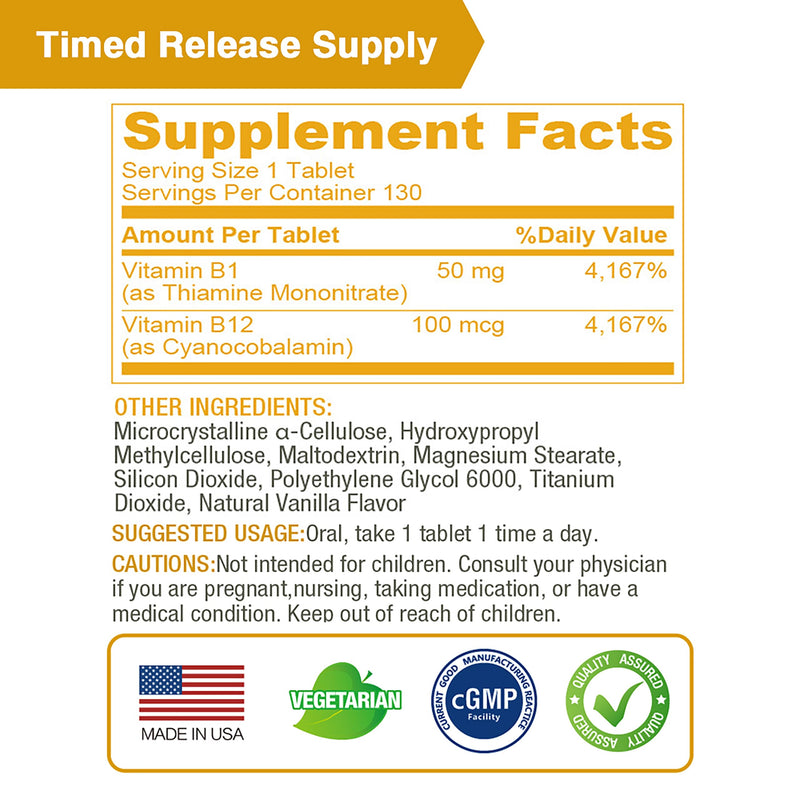 LOVITA Vitamin B1 (Thiamine) 50mg, Timed Release, 8 Hours Sustained, with Vitamin B12 100mcg, Support Metabolism & Nerve Health, 130 Vegan Tablet