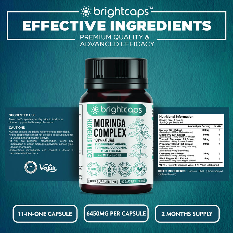 Moringa Complex - 3000mg Moringa Powder with Turmeric, Elderberry, Cranberry | Proprietary Blend with Vitamins, Antioxidants & Amino Acid - Immune Health Support | Non-GMO, Gluten Free, 60 Vegan Caps