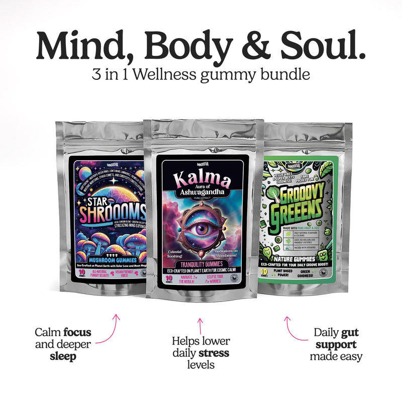 Mind, Body & Soul Bundle, Starshroooms, Kalma & Grooovy Greens. Multivitamin Gummies Mushroom, Greens & Ashwagandha. for Brain, Gut & Stress Support. Vegan 3 x 10 Trial Pack Gummies