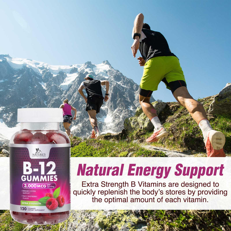 Vitamin B12 Energy Gummies - 3000 mcg per Serving Extra Strength B 12 Gummy for Metabolism, Immune Support - Chewable Dietary B-12 Supplements, Natural Caffeine Free Gummy, Berry Flavor - 120 Gummies 120 Count (Pack of 1)