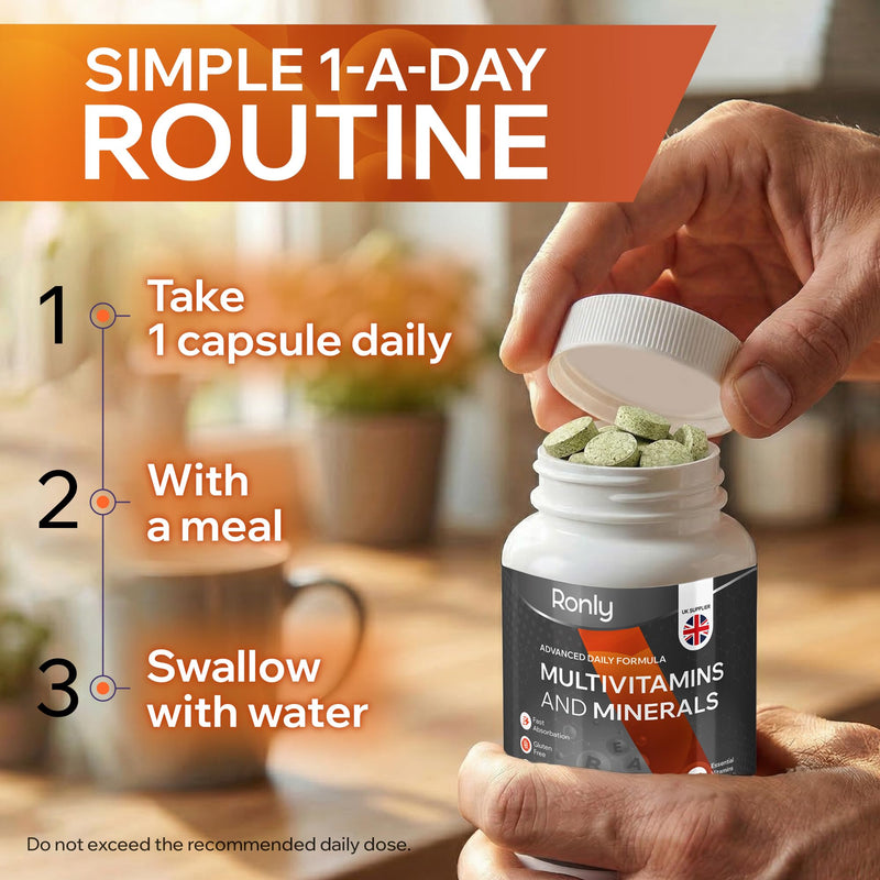 Ronly Multivitamins & Minerals Tablets — One A Day Advanced Daily Formula | 16 Essential Vitamins & Minerals | Immune & Energy Support | Vegan, Gluten Free & Lactose Free | No GMO
