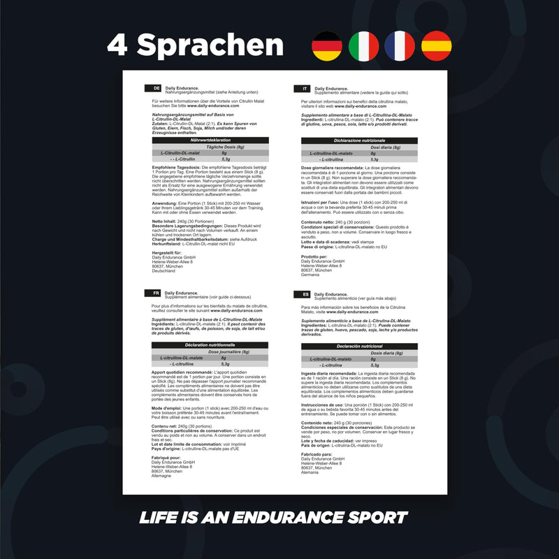 [Australia] - Daily Endurance - Citrulline Malate 2:1 Powder L-Citrulline High Dose - 30 Sticks 240g - Amino Acid Citrulline Malate Powder - Highest Purity - No Additives 