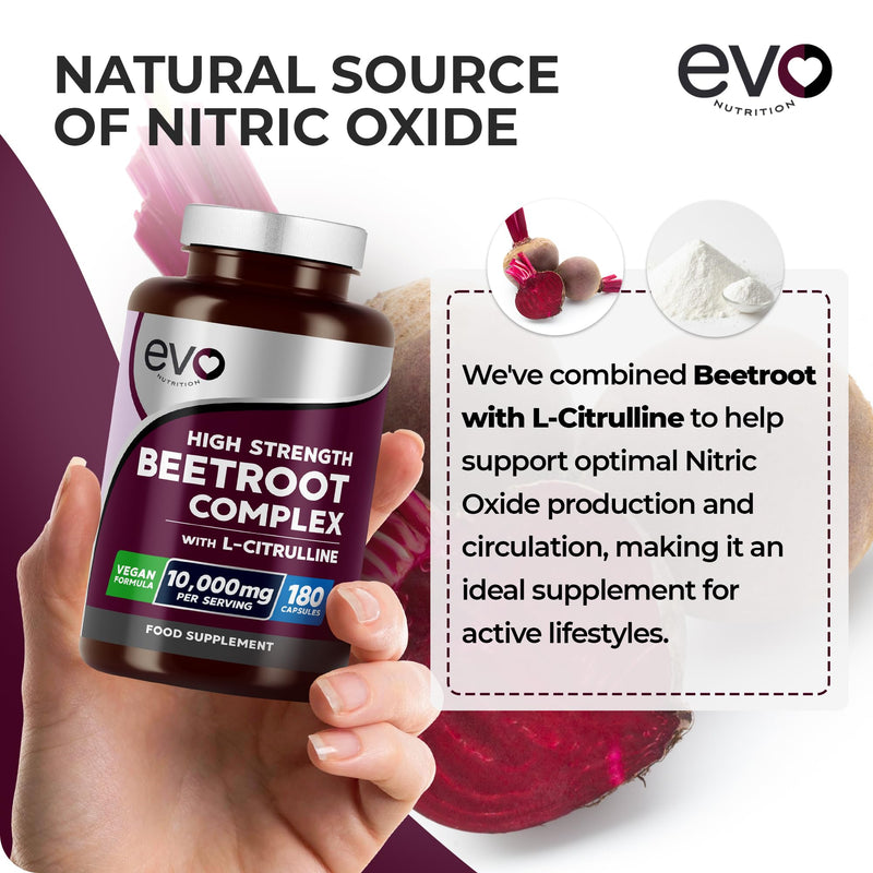 Beetroot Complex & L-Citrulline 10,000mg | 180 Capsules | High Strength | Nitric Oxide Booster to Support Circulation for Energy & Daily Wellness | Vegan, Non-GMO, UK Made, 3 Months | EVO NUTRITION