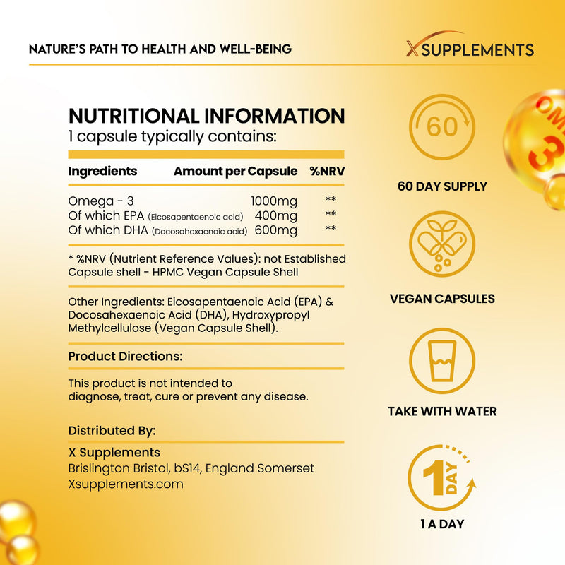 Omega-3 Fish Oil Capsules | 1000mg | 60 Vegan Omega 3 Capsules, 2 Months Supply