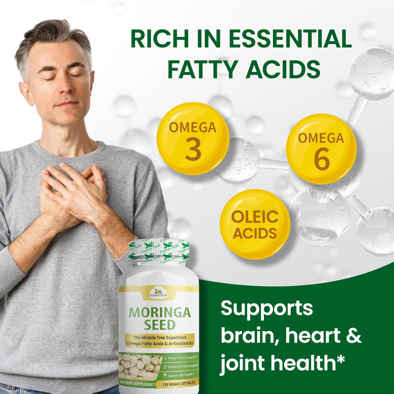 Organic Veda Moringa Seeds Capsules - Omega 3, 6, 9, Powerful Antioxidants, Vitamins, Amino Protein Rich Organic Moringa Seed Powder for Energy, Cleanse & Vitality - 120 Vegan Capsules