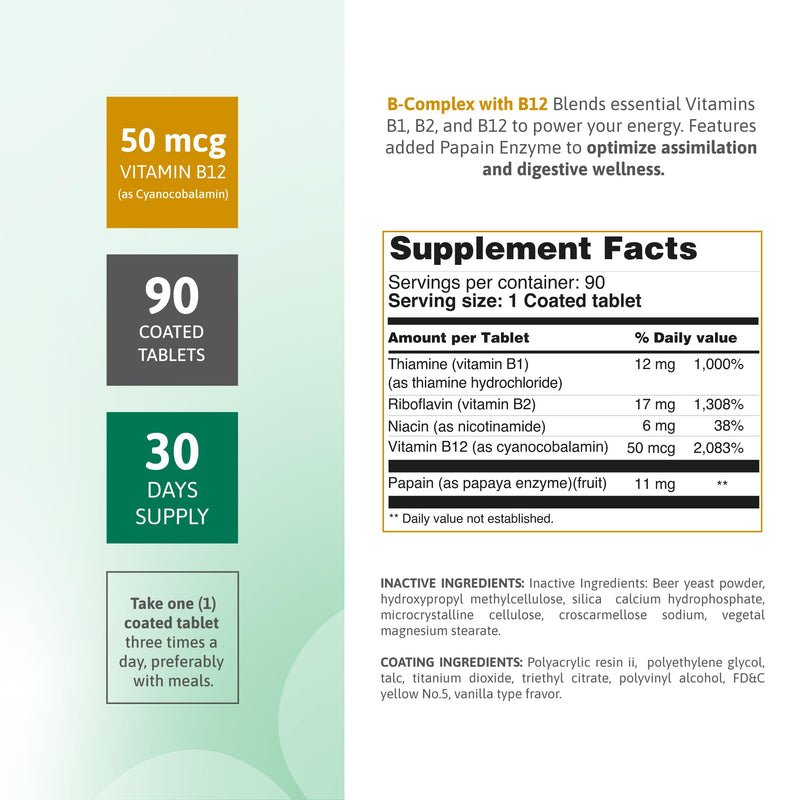 B Complex with B12 Papaya Enzyme Energy Support 90 Count