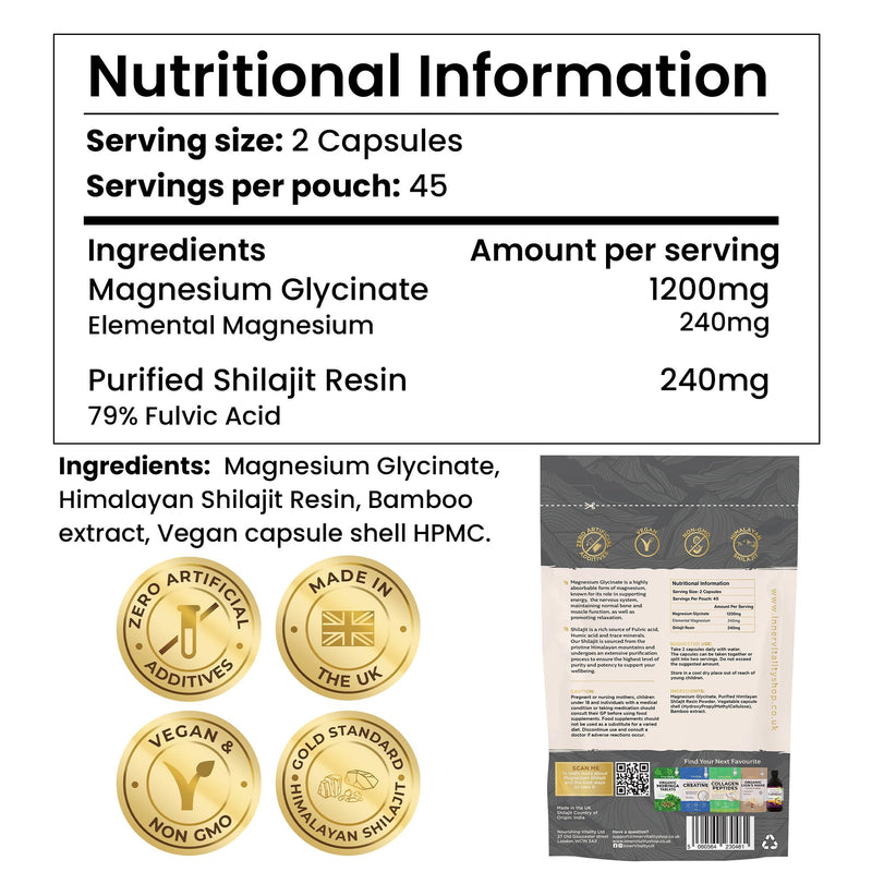 Magnesium Glycinate 1200mg + Shilajit Minerals for Sleep, Relaxation & Natural Energy, 2-in-1 High Strength Supplement - 90 Capsules Mineral Support Made in UK by Inner Vitality