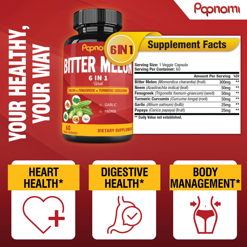 [Australia] - Organic Bitter Melon Extract Capsules - 60 Pills 2 Month - Combined Neem, Fenugreek, Curcumin, Garlic & Papaya 60 Count (Pack of 1) 