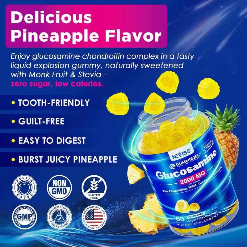 NEVISS Glucosamine Chondroitin Gummies with MSM & Turmeric, Sugar Free | Extra Strength Glucosamine Supplement with Boswellia, Hyaluronic Acid, Vitamin D3 & Zinc, Pineapple Flavor, 120Cts 60 Count (Pack of 2)