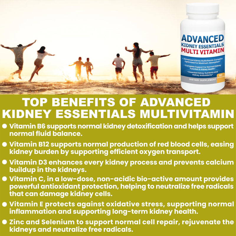 Advanced Kidney Essentials Multivitamin. Kidney Support Supplement for Complete Kidney Health. Kidney Health Supplement with Renal Vitamins 30 Caps 30 Count (Pack of 1)