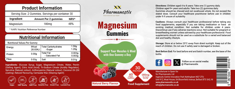 Pharmanostix Magnesium Citrate Gummies 180mg, 60 Vegan Gummies, Supports Muscle, Immunity, Electrolyte Balance, and Energy.