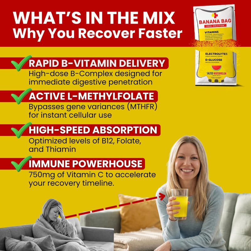 Banana Bag Electrolytes Vitamin Powder Hydration Drink Mix, Lemon Lime 5Pk | IV-level hydration powder packets w/ Electrolytes + Vitamin C & B-complex. Fast rehydration after exercise & alcohol recovery 5-Pack