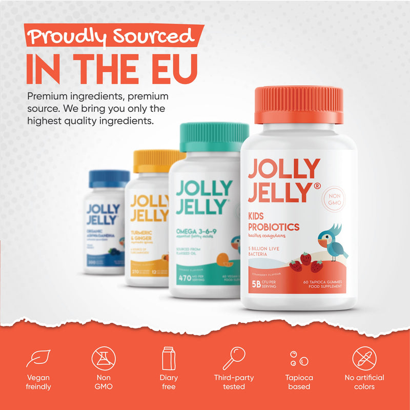 Kids Probiotics Gummies - 5B CFU Bacillus Coagulans Live Bacterial Cultures – 60 Vegan Gummies - Age 4+, Strawberry Flavour by Jolly Jelly