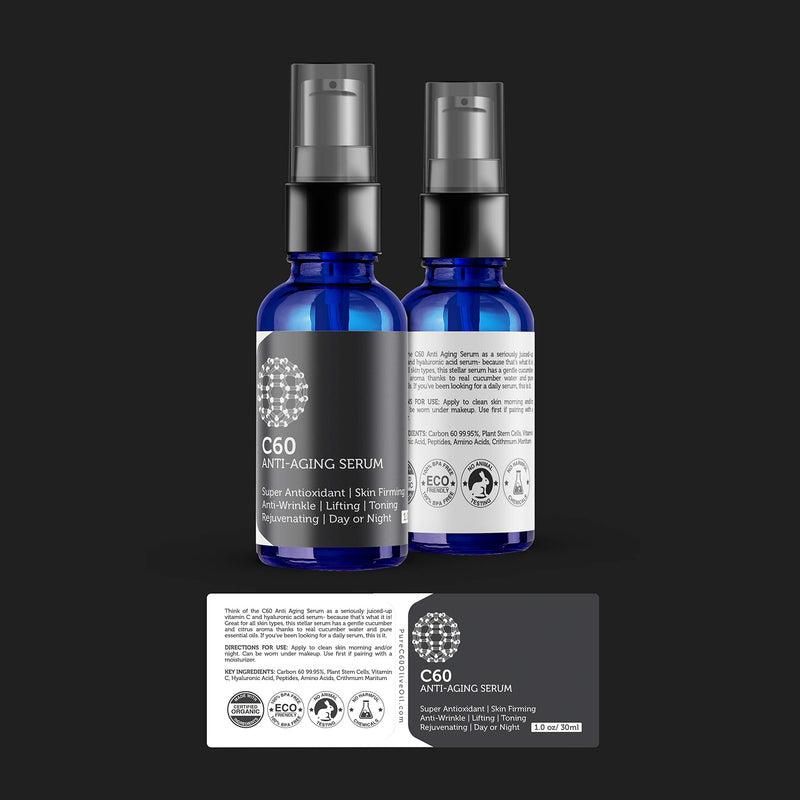 C60 Anti-Aging Face Serum 30ml with Hyaluronic Acid, Plant Stem Cells, Peptides, Vitamins B + C & Anti Aging Wrinkle Complexes for Men & Women Made with Organic Ingredients 1 Ounce (Pack of 1)